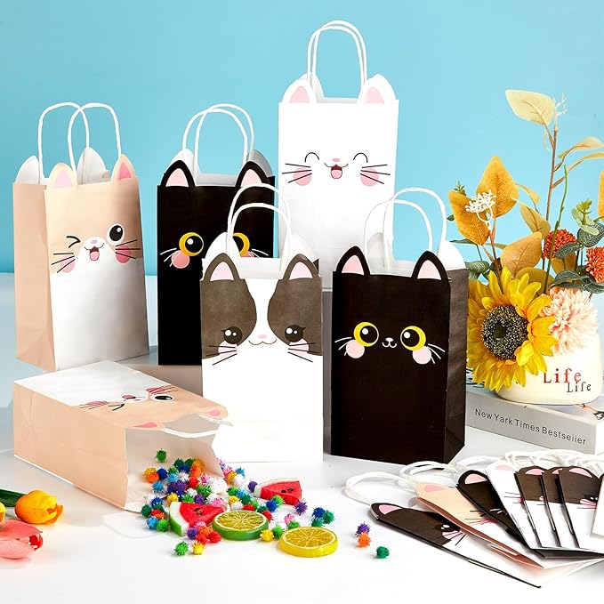 24 PCS Cat Theme Party Favor Bags Kitten Birthday Gift Bags Cute Birthday Goodie Paper Bag with Handles Pet Party Favors for Kids Boys Girls kitten Parties Decorations Pet Adoption Supplies