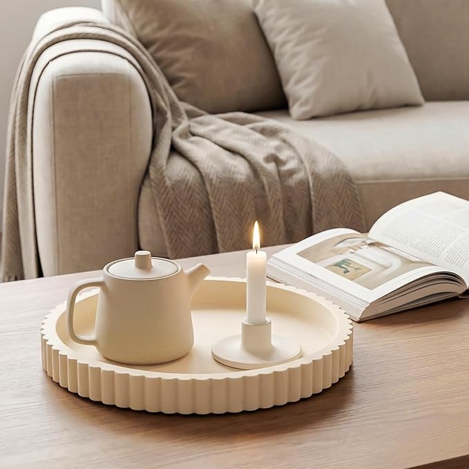 Yalikop Round Concrete Decorative Tray for Coffee Table Decoration 12" Modern Cream White Table Centerpieces Decorative Ottoman Tray for Serve Home Decoration Accent Bandejas Decorativas Gift
