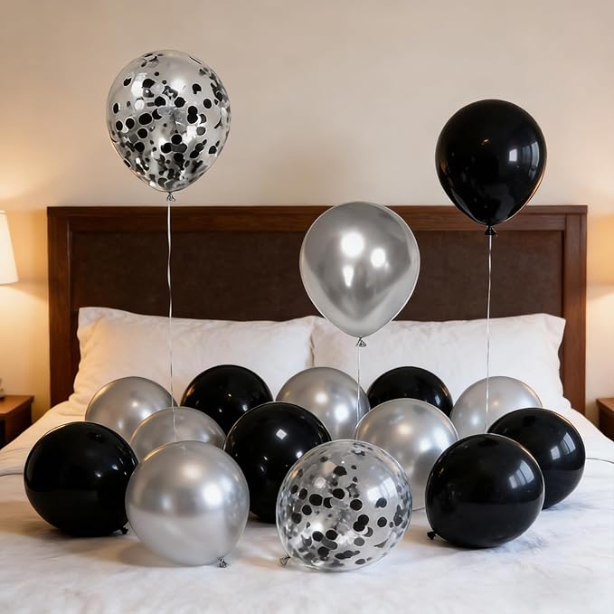 Black and Silver Balloons, 50pcs 12inch Metallic Chrome Silver Latex Balloons with Silver and Black Confetti Balloons for Birthday Wedding New Year Graduation Party Decorations