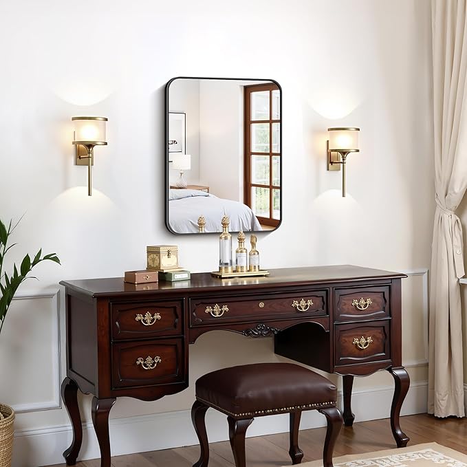 FORBATH Bathroom Mirror for Over Sink 18x24 Inch Black, Rectanglar Wall Mirror with Metal Frame, Rounded Corners for Bathroom, Bedroom, Entryway Decor (Horizontal or Vertical)