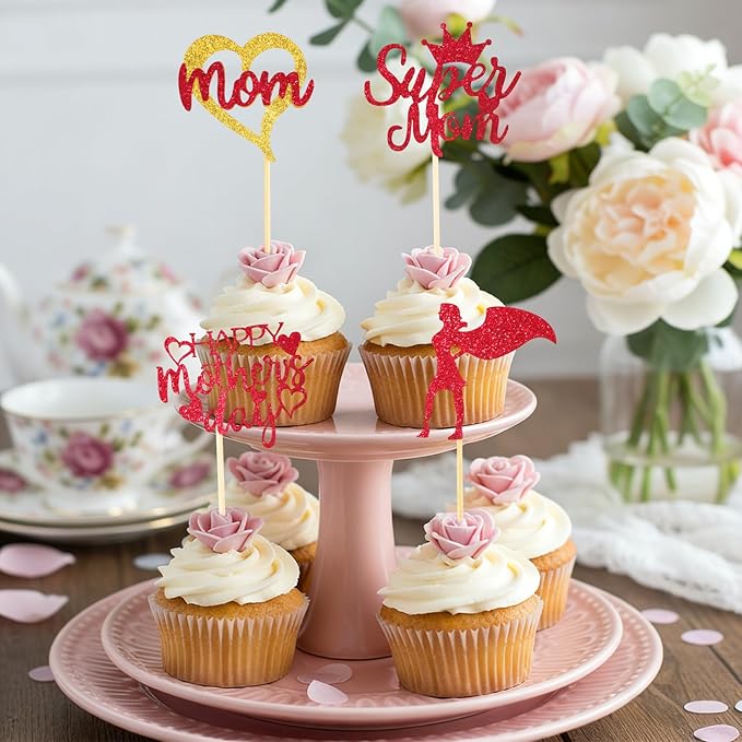 Mothers Day Cupcake Toppers, 24 PCS Mothers Day Party Decorations, Glitter Red Happy Mother's Day Super Mom Cupcake Toppers Cake Decorations Food Picks for Mother's Day Party Decoration Supplies