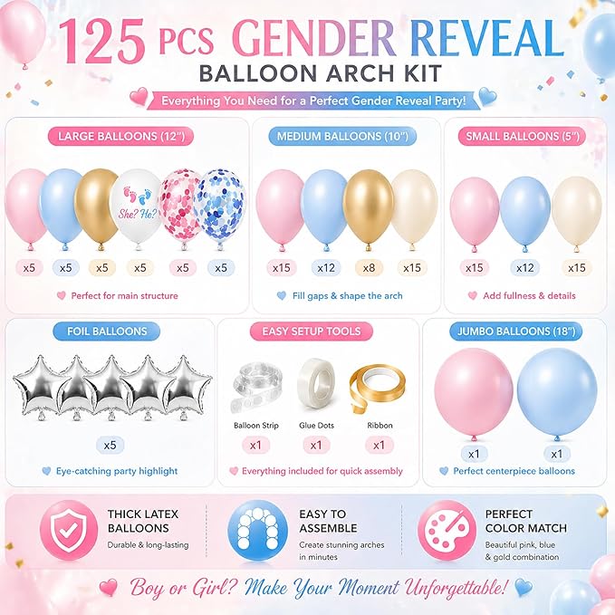 Boy or Girl Gender Reveal Decorations Kit, Bear Theme Balloon Garland with Backdrop, 125 PCS He or She Gender Reveal Party Supplies for Soft Pastels Pink and Blue Revelacion De Sexo De Bebe