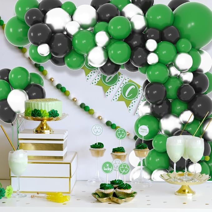 Green, Black, Metallic Silver Balloon Arch Garland Kit - Forest Green Black Balloons Football Birthday Decorations for Jungle Baby Shower Graduation Video Game Birthday Party Decorations