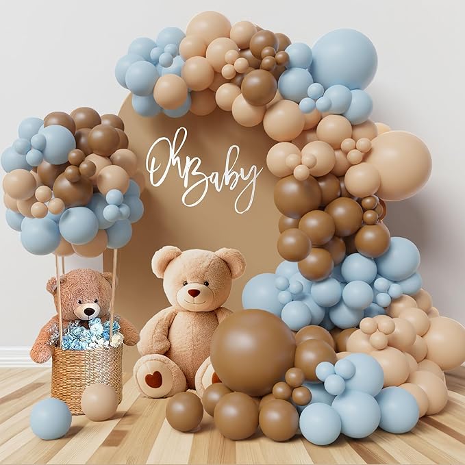 ECEAE Bear theme Balloon Arch Kit Light Blue beige Tan and Brown Globos cream Ballon garland for Baby Shower Boy Decorations Gender Reveal Party Woodland Backdrop Supplies