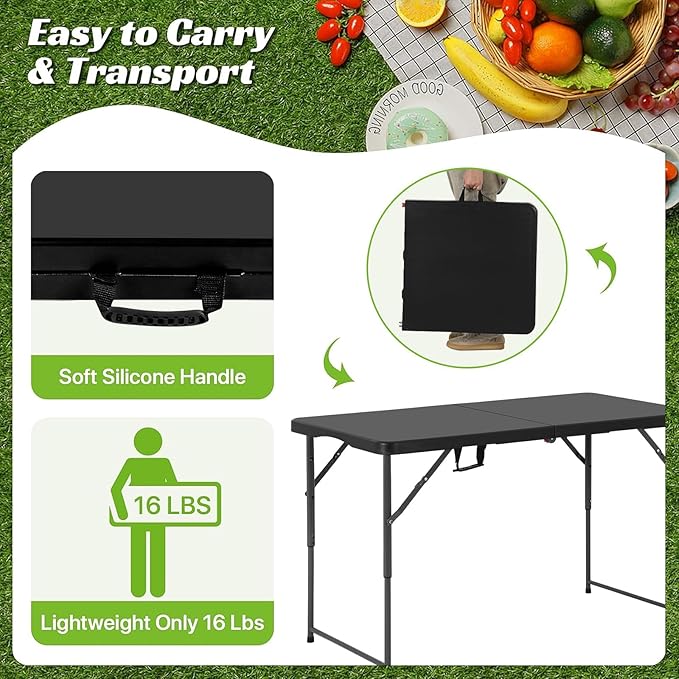 4FT Folding Table - Heavy Duty Portable Plastic Utility Table with Adjustable Height, Carry Handle. Indoor Outdoor Use for Camping, Parties, Picnics, Tailgating (4ft, Black)
