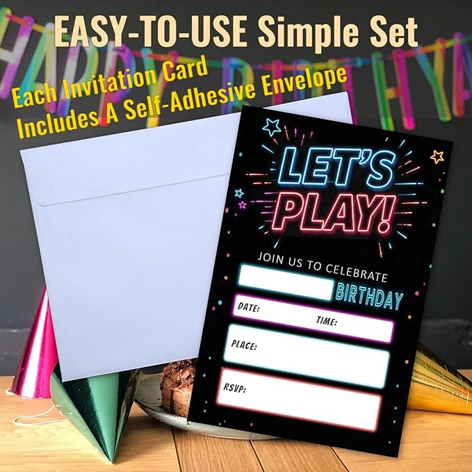 Birthday Party Invitations Let's Play Card Neon Starlight Kit, 25 Pcs 4x6 Inch, Modern Flashing Dark Black Invites for Boy Girl Kids Teens