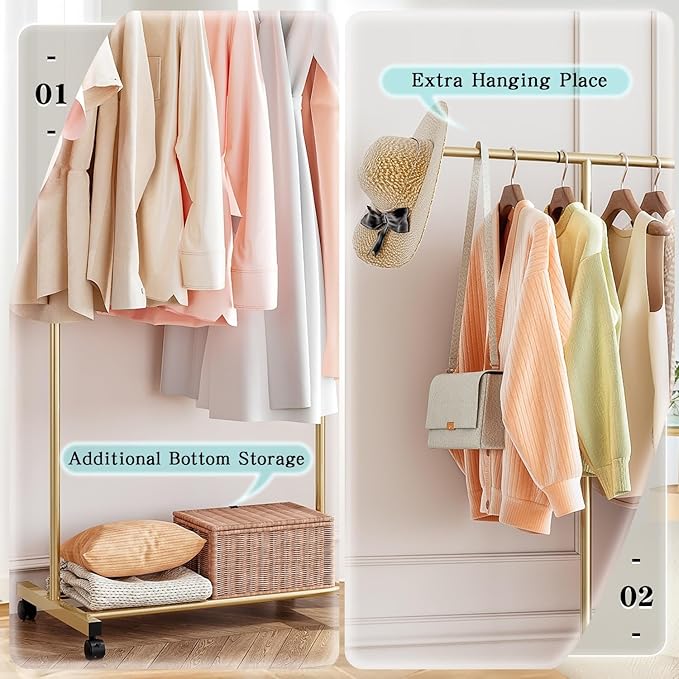 SUOERNUO Clothes Rack with Wheels Rolling Clothing Rack for Hanging Clothes, Portable Metal Garment Rack for Bedroom Laundry Living Room (Gold, 59.05"*15.75"*59.45")