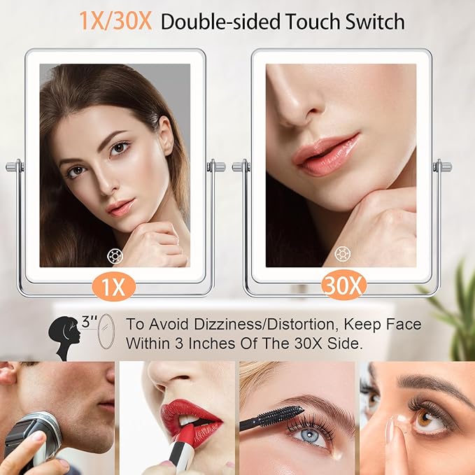 FASCINATE 5000mAh Rechargeable Wall Mounted Makeup Mirror, 8.7" Double Sided Touch Switch 1X/30X Rectangle Wall Mounted Magnifying Mirror with Light, 3 Color Setting, Extended Arm 360° Swivel Foldable