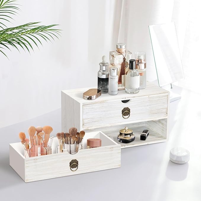Wood Desk Organizer, White Wooden Desktop Organizer with Drawer, Tabletop Storage Organization Box for Countertop, Home Office Supplies, Bills (2 Drawer)