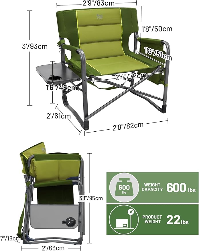 Timber Ridge XXL Upgraded Oversized Directors Chairs with Foldable Side Table, Detachable Side Pocket, Heavy Duty Folding Camping Chair up to 600 Lbs Weight Capacity (Green) Ideal Gift