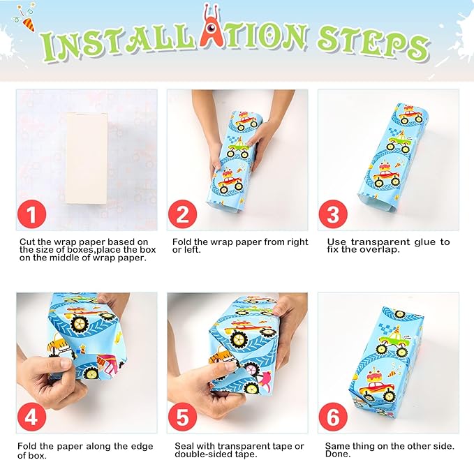 WERNNSAI Monster Truck Wrapping Paper Rolls - 3 Short Rolls 17 in x 120in Monster Jam Truck Birthday Gift Wrapping Paper for KIds Boys Birthday Racing Theme Party Decorative Supply,Beige Blue Brown Gift Papers with Cut Lines