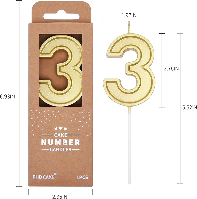 PHD CAKE 2.76 Inch Luxe Gold 3 Number Birthday Candles, Gold Number Candles, Cake Number Candles, Party Celebration