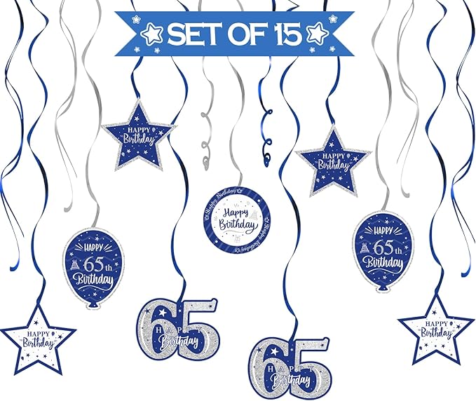 Happy 65th Birthday Blue & Silver Glitter Swirls Streamers Party Decorations - 15 Pcs 65th Birthday Hanging Swirls Streamers Kit,Perfect for 65th Bday Party Sign.