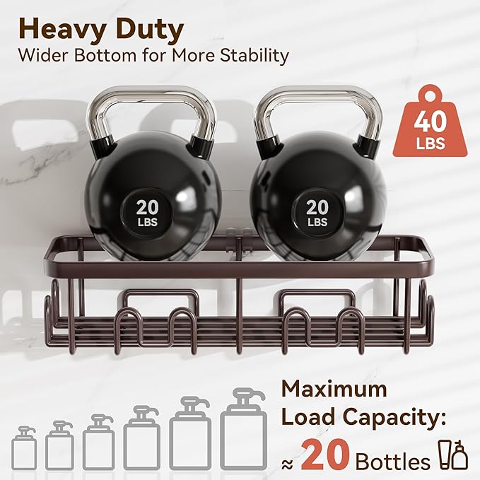 YASONIC Shower Caddy Adhesive 2-Pack, Rustproof Shower Organizer with Holder, No-Drill Shower Shelves for Inside the Shower, Large-Capacity Bathroom Organizers and Storage for Dorms & Renters, Bronze