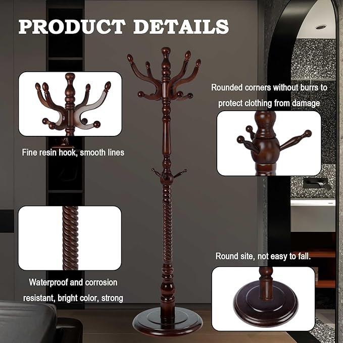 Coat Racks FreeStanding with 11 Hooks, Natural Wood Coat Rack with Solid Round Base, Adjustable Height Coat Racks, Easy Assembly for Hallway, Bedroom and Office (Walnut-Solid Round Base)