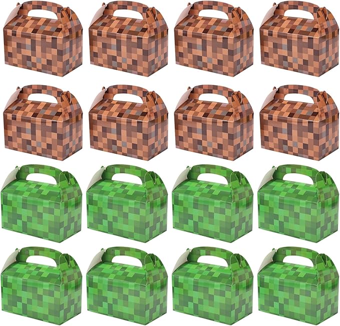 18pcs Pixel Theme Gift Box Bags, 2 Colors Pixel Candy Treat Boxes with Handles Video Game Goodie Party Favors for Boy Girls Birthday Game Party Supplies (Green & Brown)