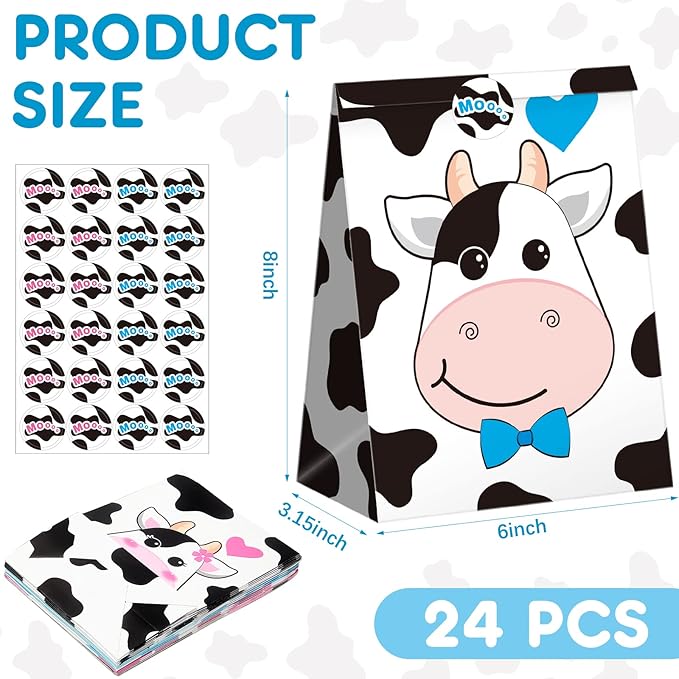 Leinuosen 24 Pack Cow Print Treat Candy Bags Cow Party Favor Gift Bags for Kids Farm Animal Themed Goodie Boxes for Cowboy Birthday Baby Shower Rodeo Party Supplies