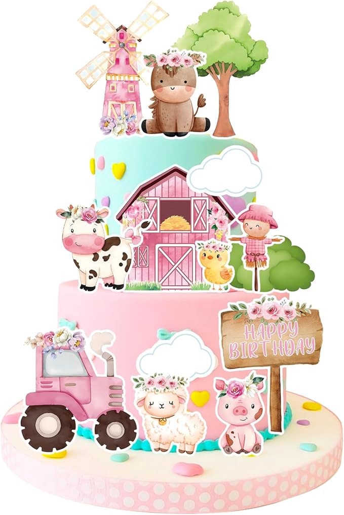 MEMOVAN Farm Cake Toppers 14pcs Farm Animal Chicken Sheep Pig Cow Cupcake Topper Picks Farm Cow Cake Decorations for Barnyard Farm Cow Birthday Baby Shower Party