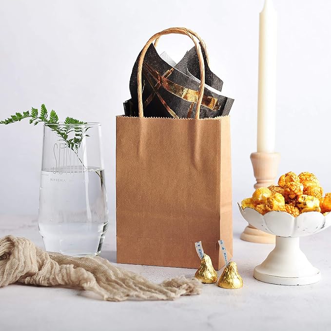 AWELL Mini Size Kraft Paper Bag with Handle Party Favours Bag 6x4.5x2.5 inch for Wedding Birthday Baby Shower Recycled Bag, Pack of 24