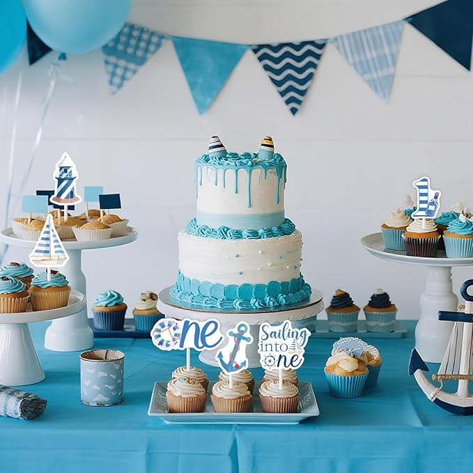 24pcs Nautical 1st Birthday Cupcake Topper Nautical First Birthday Decorations Sailing Into One Party Decoration Ocean Sailor Lighthouse Boat Anchor Party Cake Decoration for Little Captain