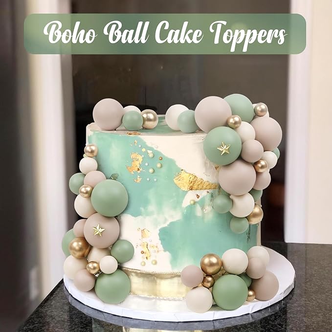 115 PCS Ball Cake Toppers - Mini Balloon Cake Decorations Matcha Green Light Brown Khaki Gold Foam Ball Cupcake Picks DIY Cake Insert Toppers for Baby Shower Birthday Party Wedding