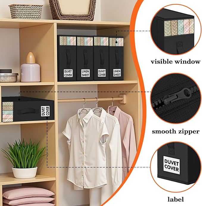 WOWBOX Sheet Organizers and Storage,Closet Bed Sheet Organizer Under Bed Storage and Organization with Label Cards & Clear Window for Bedding Sheets,Duvet Covers,Blankets (10 Pack，Black)