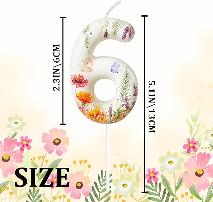 Number 6 Birthday Candle for Cake – Floral Botanical Design with Butterfly Detail – Elegant Cake Topper for Birthday, Garden Party Decoration