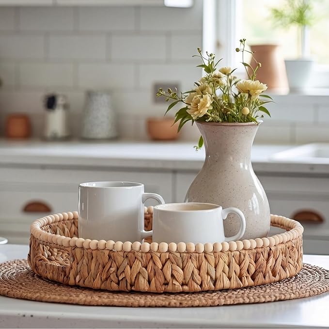 Round Wicker Tray 16'' Water Hyacinth Woven Tray with Handles Decorative Large Serving Trays for Coffee Table for Kitchen, Living Room, Bedroom Home Decor(Water Hyacinth)