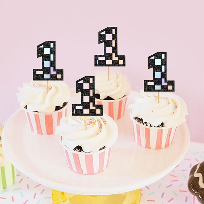 Ercadio 24Pcs Number 1 Cupcake Toppers Checkered One Cupcake Picks for Smiley Assorted Racing Car Theme Baby Shower 1st Birthday Party Cake Decoration Supplies