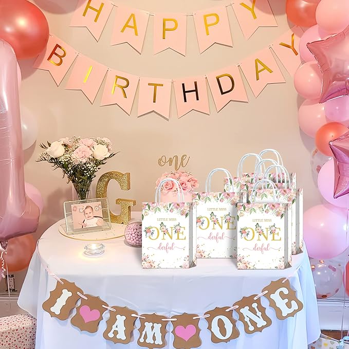 Tyndallrays 16 Pieces Miss Onederful One First Birthday Party Favors Bags,Onederful 1st Birthday Girl Gift Snacks Treat Candy Party Favors Bags with Handles for Girls 1st Birthday Party Decorations