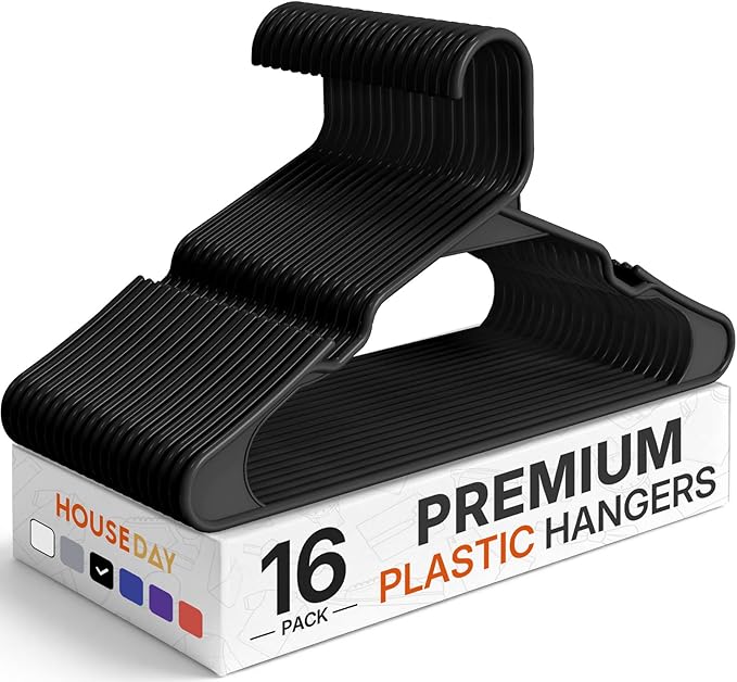 HOUSE DAY Plastic Hangers 16 Pack - Adult Clothes Hangers Black - Space Saving, Non-Slip, Durable & Sturdy Hanger with Shoulder Grooves for Closet, Perfect Slim Coat Hanger - Ganchos para Colgar Ropa