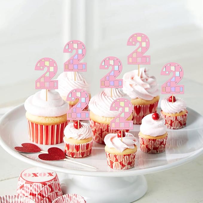 Ercadio 24 Pack Pink Number 2 Cupcake Toppers Pink Checkered Two Cupcake Picks for Smiley Assorted Racing Car Theme Baby Girls 2nd Birthday Party Cake Decoration Supplies