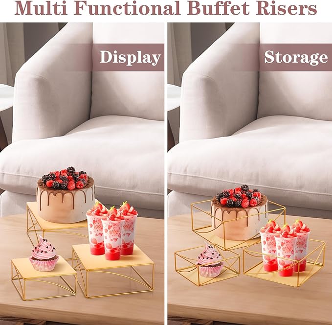 Wenqik 3 Pcs Buffet Riser Set 8" 10" 12" Gold Cake Stand, Metal Display Catering Dessert Table Riser Food Display Stand for Wedding Birthday Party Anniversary Reception