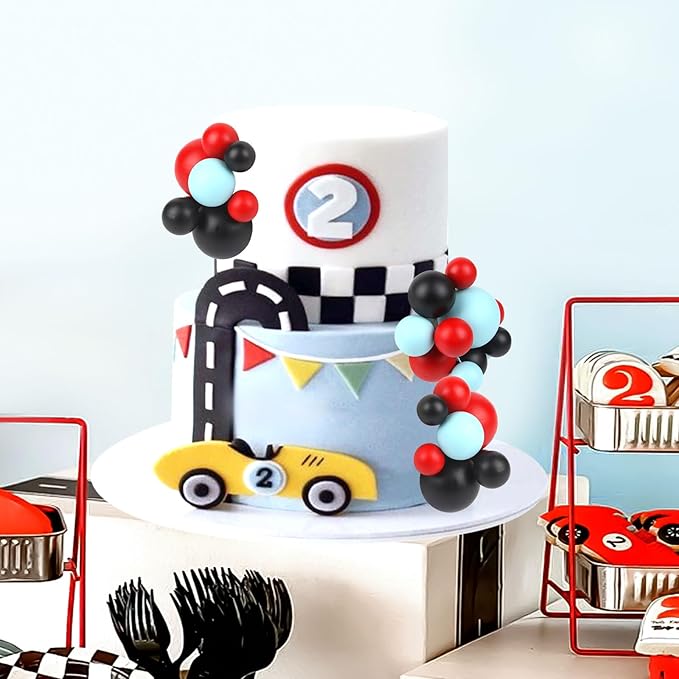 52 Pcs Racing Car Themed Ball Cake Decorations - Red Blue Black Ball Dessert Picks Cake Cupcake Toppers, Birthday Party Baby Shower Gender Reveal Cake Supplies