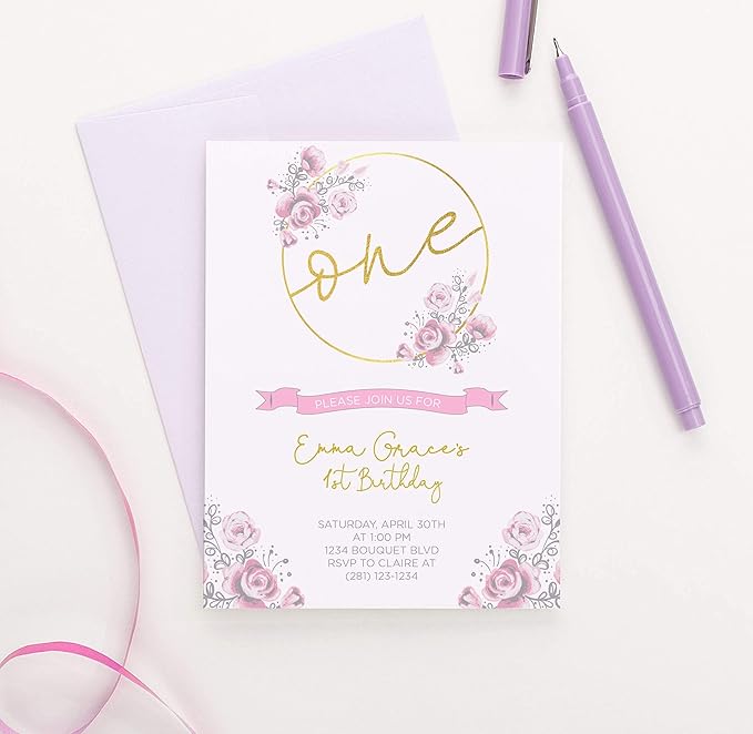 1st Birthday Invitations Modern & Floral, 1st Birthday Invitations Girl, Your choice of Quantity, Info and Envelope Color
