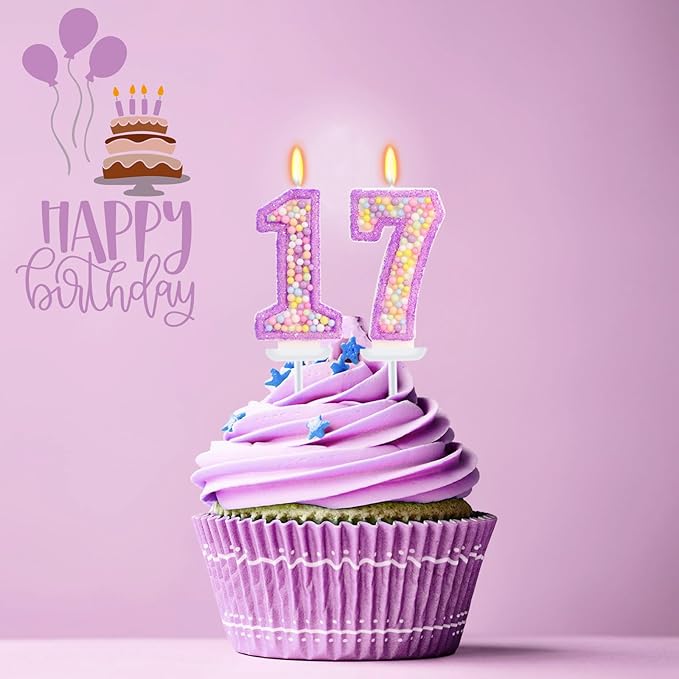 Purple Birthday Candles - Number 17 Candle, Colorful Macaron Candles, 17 Birthday Decorations for Girls, Purple Cake Decorations, Theme Party Supplies