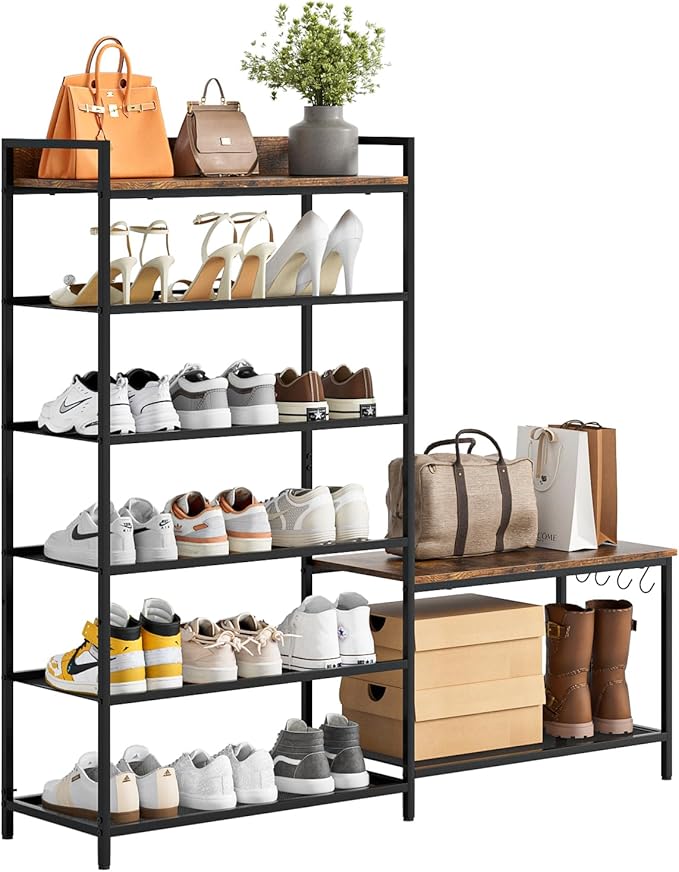 Shoe Rack Bench Storage Organizer for entryway,6-Tier Industrial Free Standing Shoe and Boot Racks with Seat,Entrance Shoe Rack Organizer Shelves for High Heels,Hallways, Closets,Brown,48.7in
