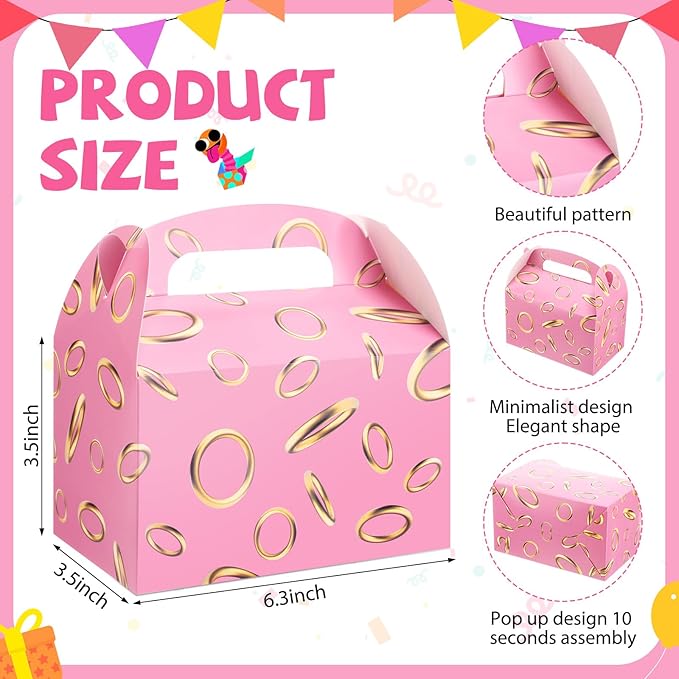 Marspark 24 Pack Pink with Gold Ring Party Favor Treat Boxes with Handles Themed Goodie Candy Gift Boxes for Birthday Party Decoration Video Game Supplies