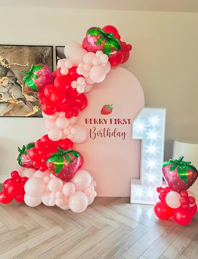 Strawberry Balloon Arch Garland Kit,130Pcs Pink Red Balloons with Large Strawberry Foil Balloon, Red Polka Dot, Green Balloon for Girl Berry First/Sweet One Birthday Party Decoration