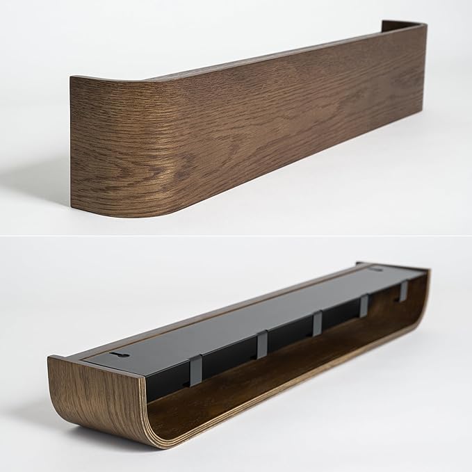 Kazai. Wall-Mounted Coat Rack 'Toke' - Modern Design Coat Rack with Hidden Wall Hooks - Solid Wood Veneer Panel Coat Hanger - Oak, Dark