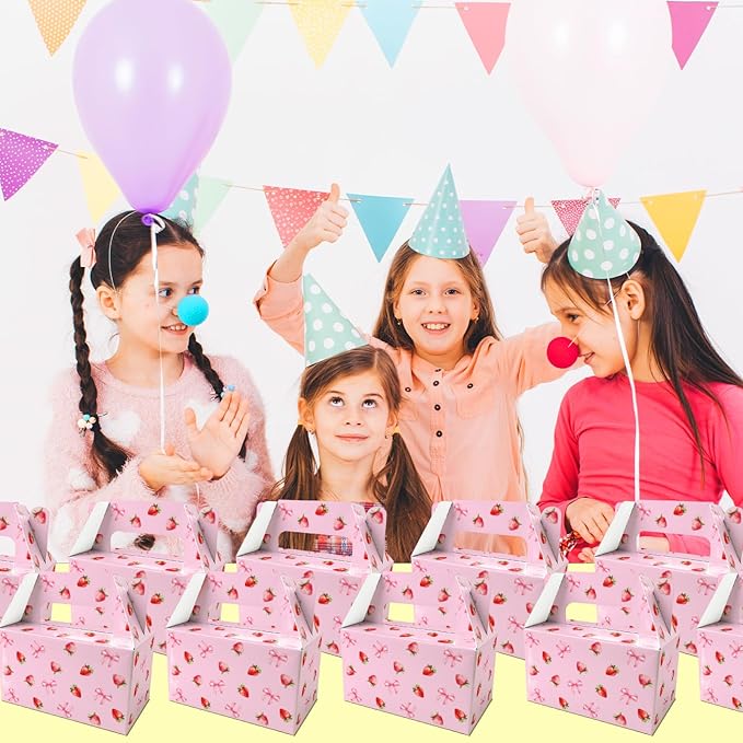 BGFMVS 12 Pack Candy Gift Boxes with Handles, Pink Strawberry Bow Party Favors for Birthdays & Parties, Suitable for Adults & Kids, Snack Holders for Cookies & Cupcakes, Pink Bow Decorations