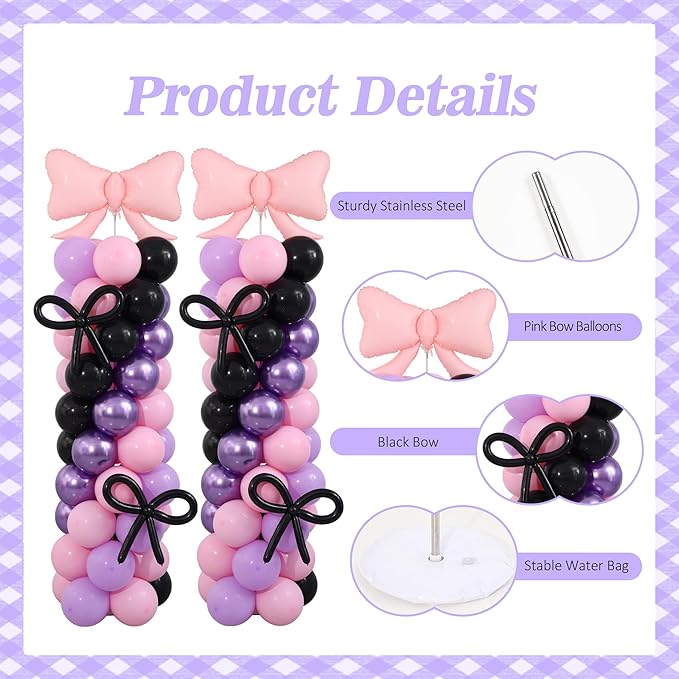 Pink and Purple Black Balloon Column Stand Arch Kit Set of 2 with 140PCS Pink Purple Black and Bows Balloons for Girls Women Baby Shower Princess Birthday Party Supplies