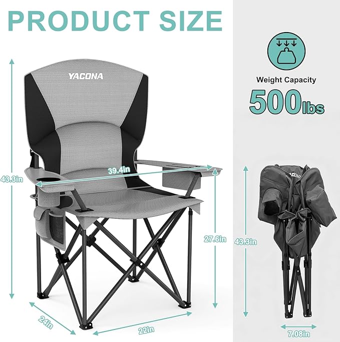 Oversized Camping Chairs 2 Pack - 500lbs Support Folding Camping Chair for Adults w/Padded Back & Arm Sport Chairs, Cup Holder Cooler Bag, Heavy Duty Portable Lawn Chairs for Sports Garden Beach