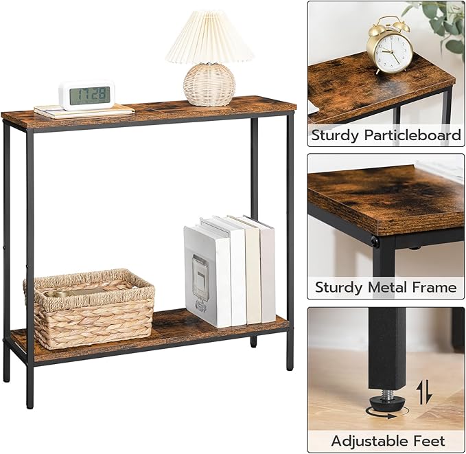 HOOBRO 29.5" L Narrow Console Table, Sofa Table Behind Couch with 2-Tier Storage Display Shelves, 8.7" D Small Entryway Table for Hallway, Foyer, Living Room, Bedroom, Rustic Brown and Black BF22XG01