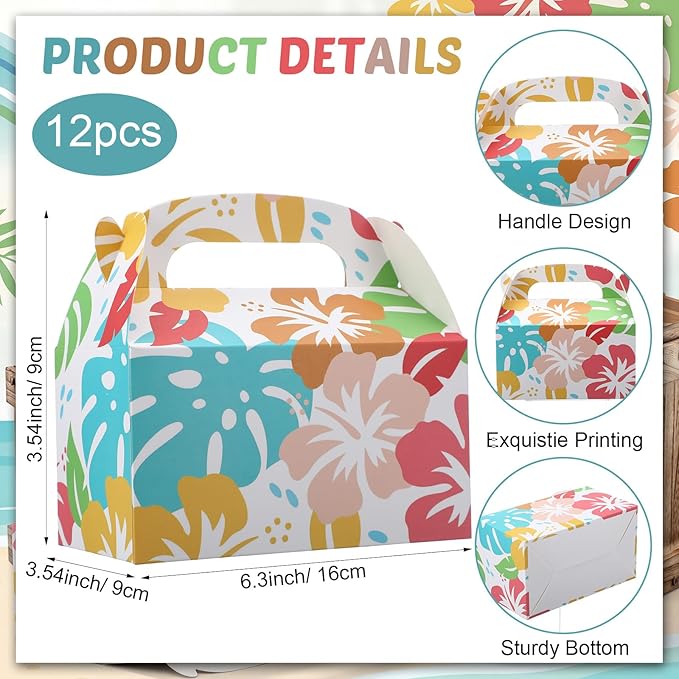 AmazingSpark 12 Pack Hawaiian Party Favor Boxes with Handle, Cartoon Hibiscus Floral Candy Gift Boxes for Tropical Luau Aloha Summer Beach Birthday Baby Shower Decorations