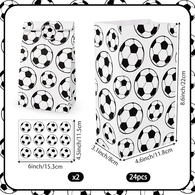 Fowecelt 24 Pack Soccer Gift Bags for Kids Soccer Paper Treat Bags with Stickers Party Favors Goodie Gift Bag Snack Treat Holders for Sports Theme Birthday Party Supplies Decorations