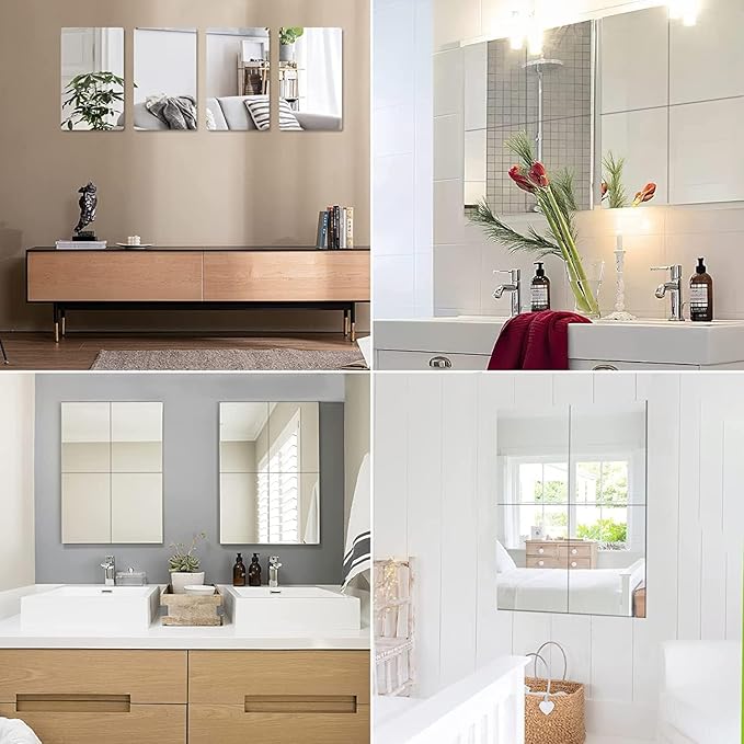 JUNEBRUSHS 4 Pack Self Adhesive Acrylic Mirror, 12X 12 Inch Mirror Tiles,Flexible Plastic Mirrors Sheets Wall Stickers,2MM Thick Mirrors,Frameless Small Mirror