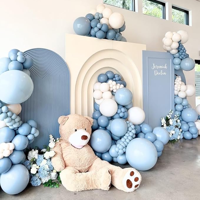 Dusty Blue White Balloons Arch Kit, 124pcs Light Blue White Transparent Balloons with 16ft Tape Strip & Dot Glue for Birthday Baby Shower Wedding Party Decorations