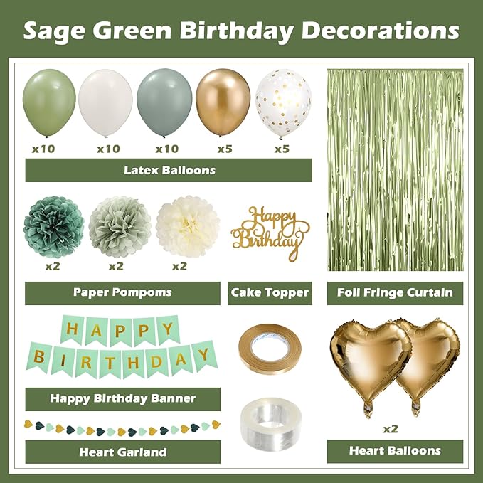 Sage Green Birthday Decorations for Women, Happy Birthday Party Decorations, Happy Birthday Banner, Green Balloons, Foil Fringe Curtains, Tissue Paper Pompoms, Heart Garland, Party Decor for Girls