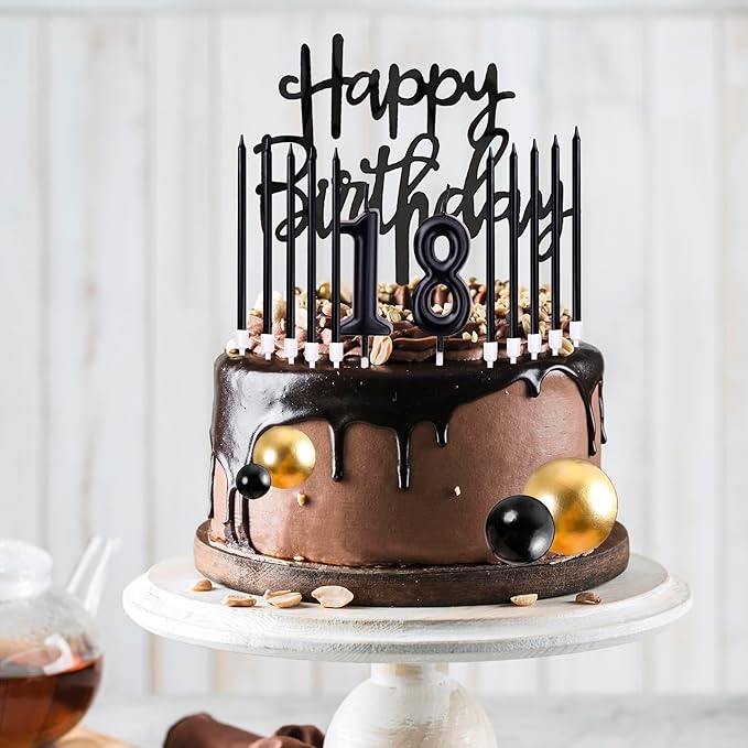 PHD CAKE 46 Pcs Black Birthday Candles, 10 Cake Number Candles, 9 Ball Cake Toppers, 3 Birthday Cake Toppers, Party Celebration